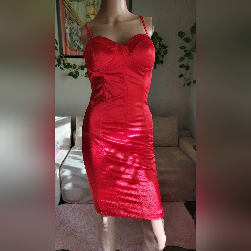 18 Final Price✅️ Sleek Red Satin Dress with Strappy Back